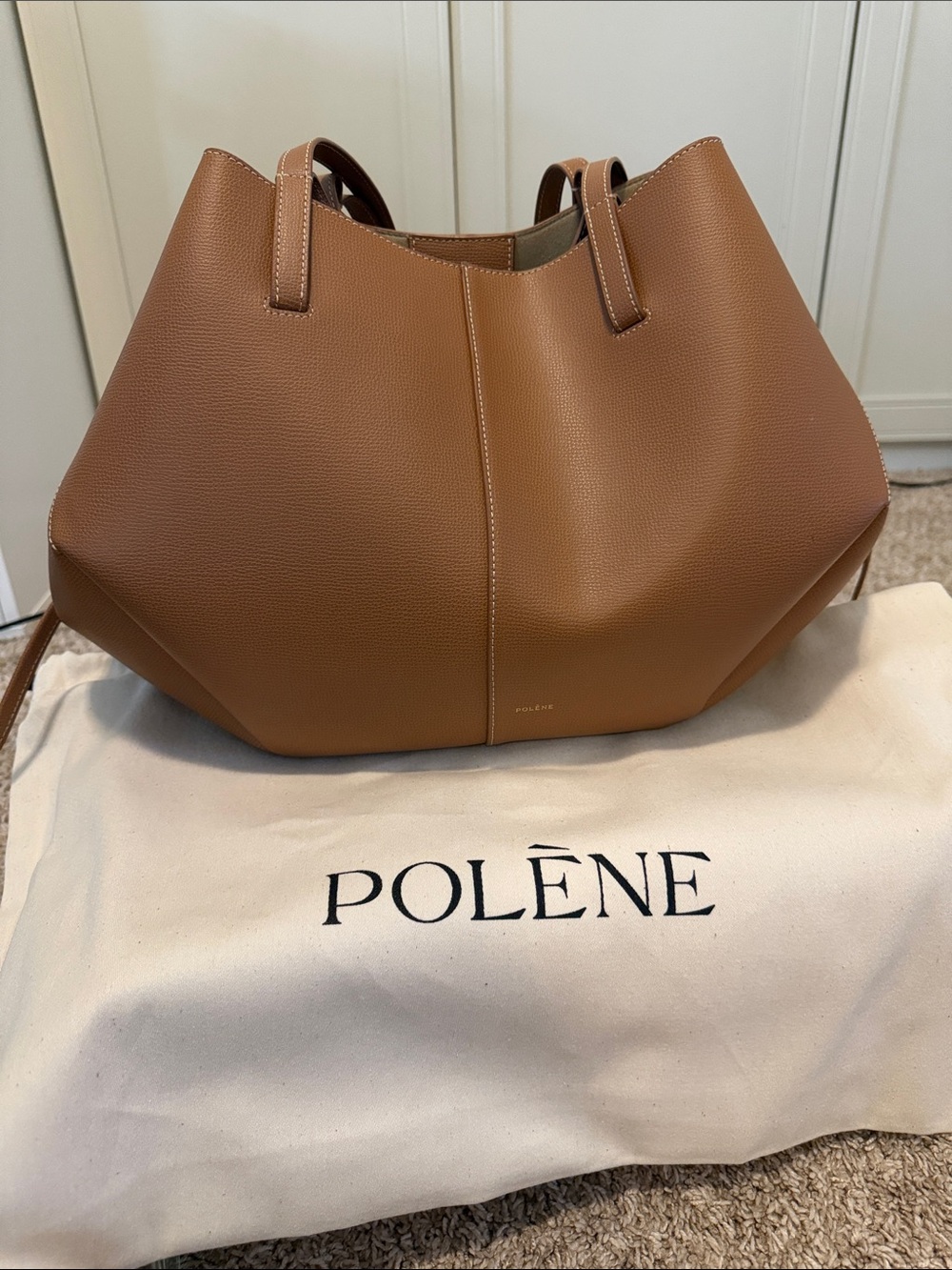 Polene Cognac Brown Leather Tote with Double Straps